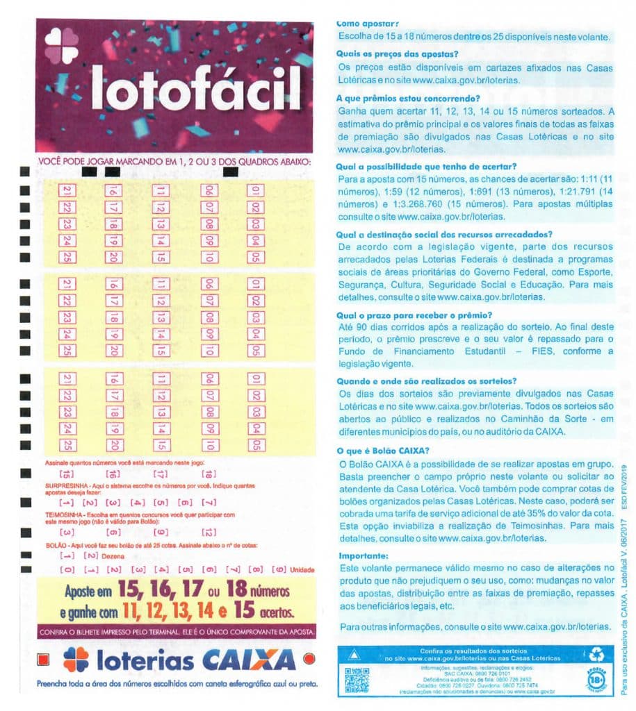 volante lotofácil cartela