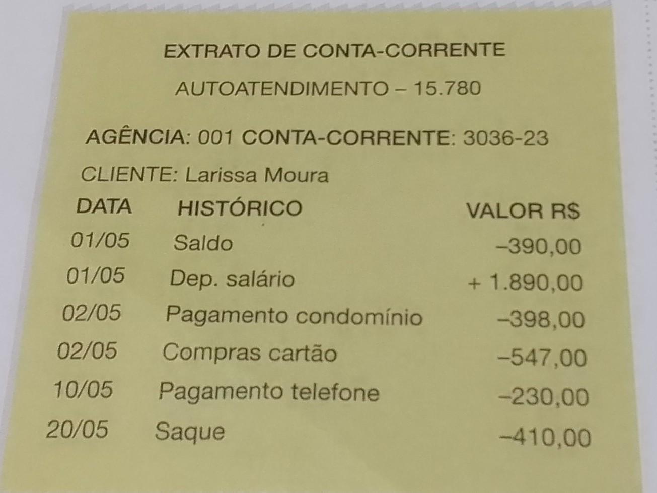 ME AJUDEM POR FAVOR!!Larissa tirou o extrato bancário no caixa eletrônico.  Determine o saldo de - Brainly.com.br