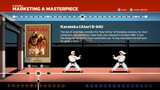 A menu screen from The Making of Karateka shows two figures facing each other while text describes the Atari 8-bit version of Karateka.