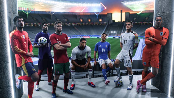 Alguns jogadores de futebol com seus uniformes nacionais para a Euro 2024 no EA Sports FC 24.