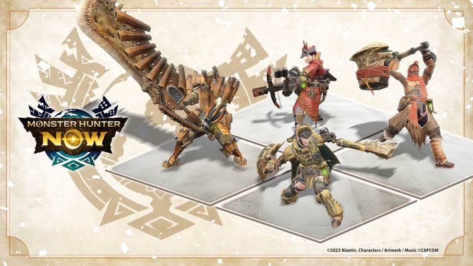 Um grupo de quatro caçadores em Monster Hunter Now.