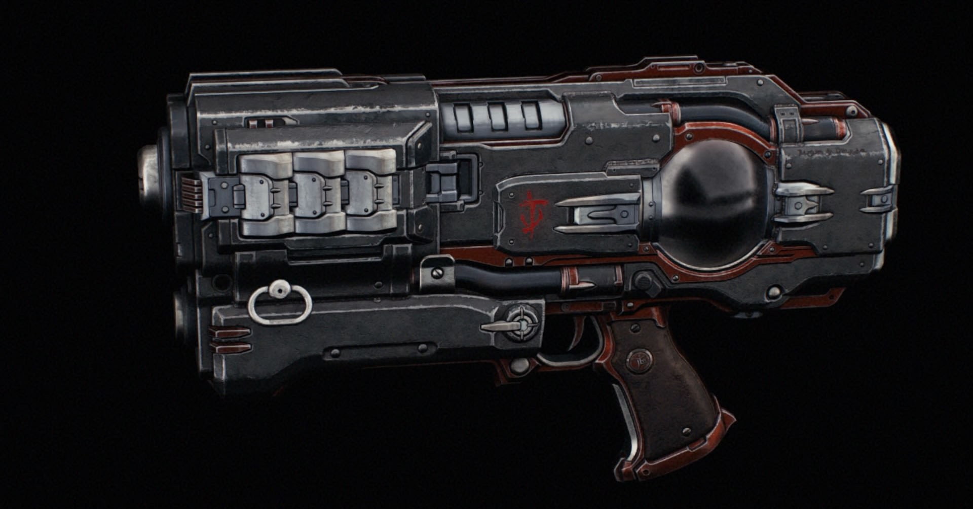 Uma pistola em tons de cinza e alguns detalhes em vermelho. Você vê uma esfera de vidro no corpo da pistola, que é onde o plasma aparece quando você a usa em Doom: The Dark Ages.