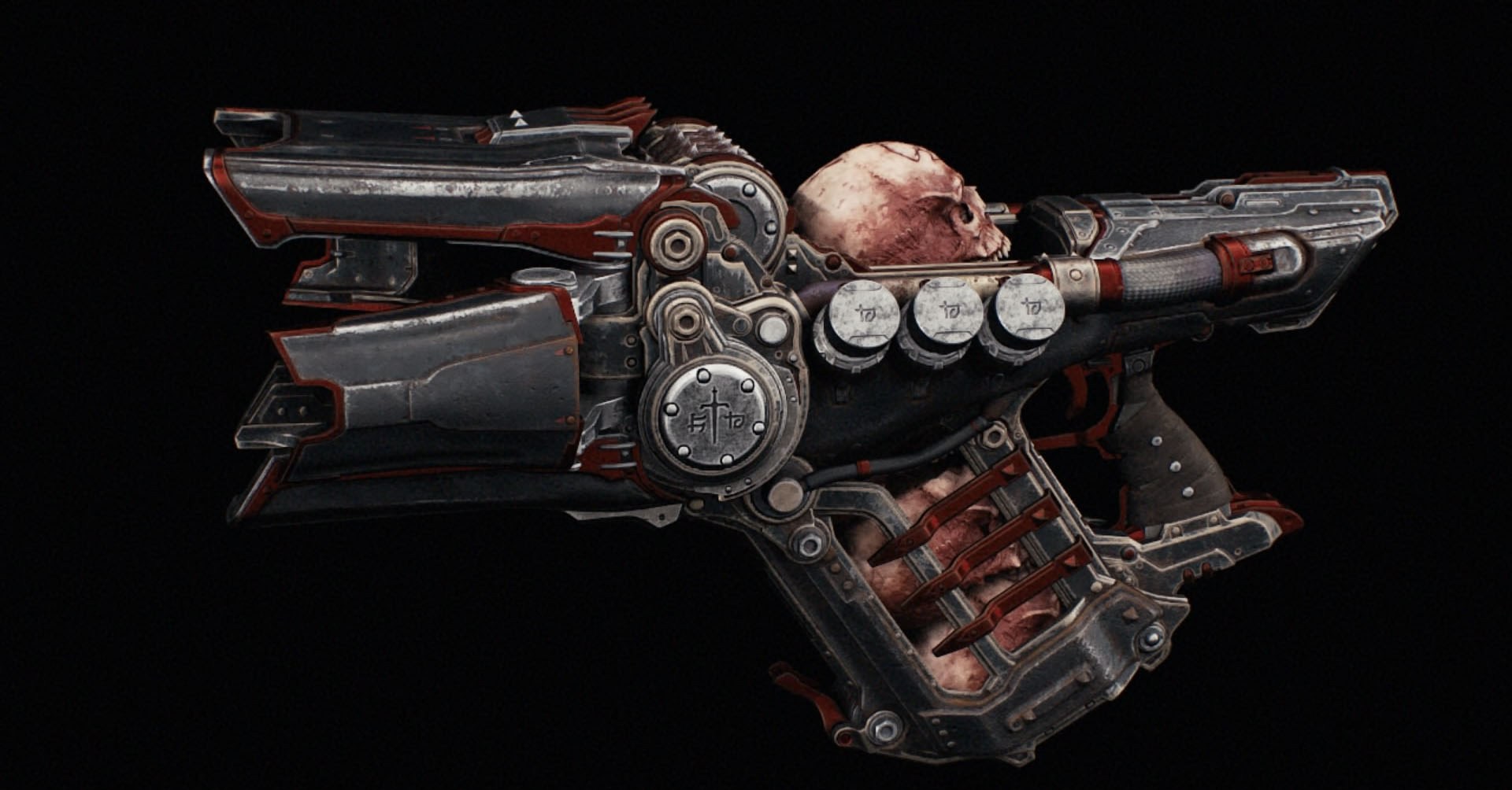A skin Nightmsare do Pulverizer vem com detalhes em vermelho, enquanto o restante da arma é revestido em um cinza escuro sóbrio. Você pode ver caveiras em um slot esperando para serem esmagadas e usadas como munição para esta arma.