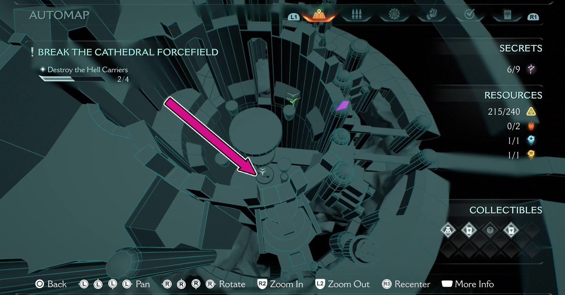 Um mapa mostrando a área central da Cidade Sagrada de Aratum, onde você pode encontrar a skin Pesadelo do Pulverizador.