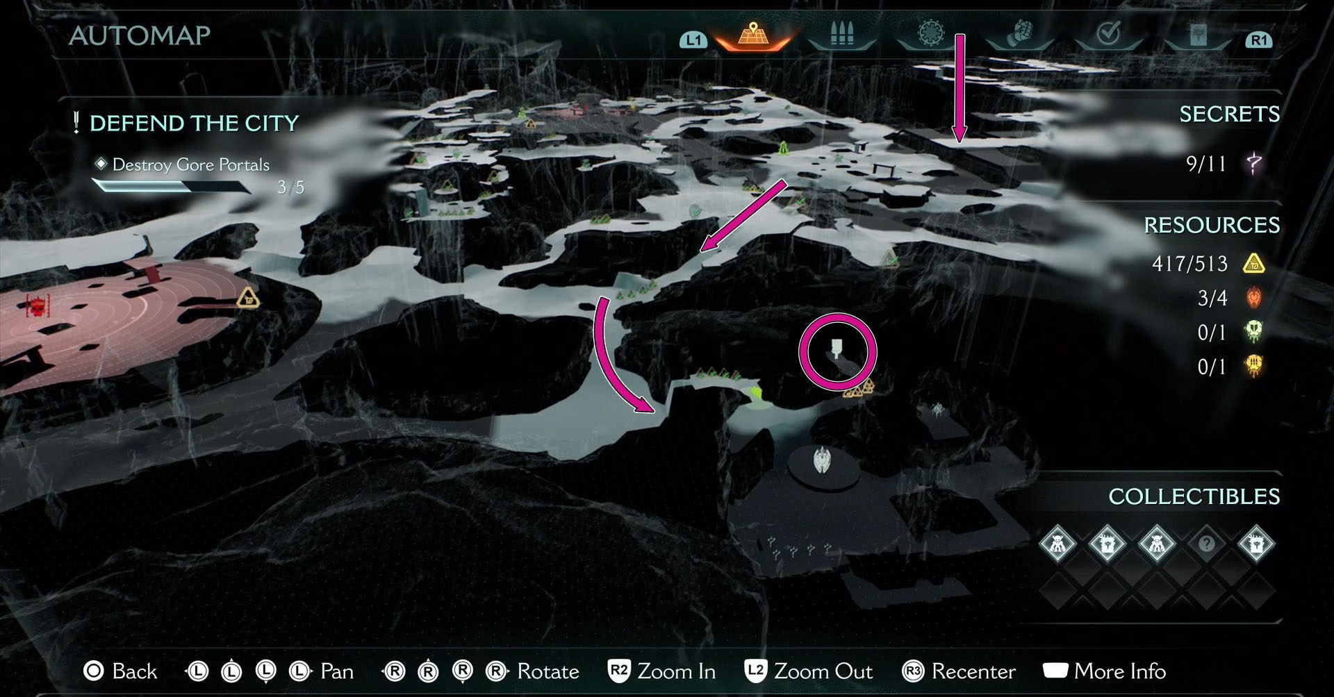 Uma captura de tela de Doom: The Dark Ages mostrando o mapa do Capítulo 6 Siege Parte 1. Há três setas mostrando o caminho para onde a skin Pesadelo está escondida neste capítulo.