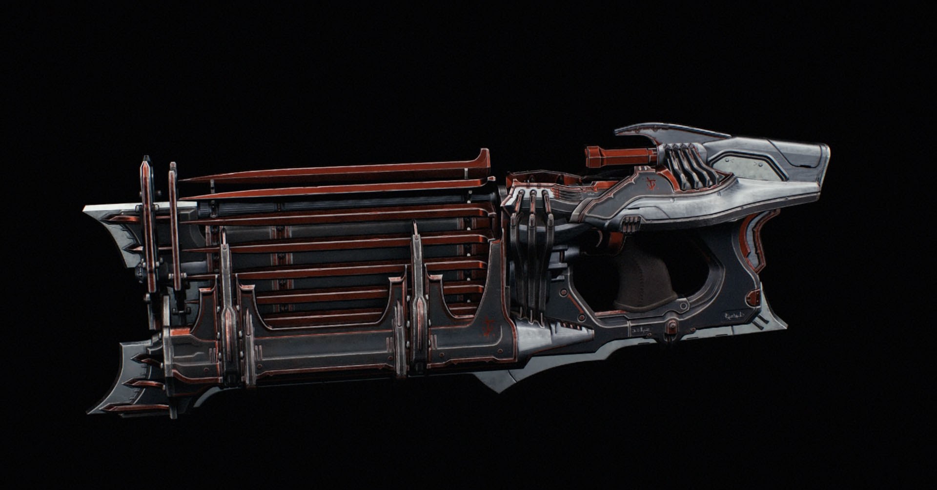 A skin Pesadelo do Empalador. Seguindo a ideia geral deste grupo de skins, esta tem detalhes em vermelho. Os espinhos que ela atira também são vermelhos. O restante das armas é cinza.