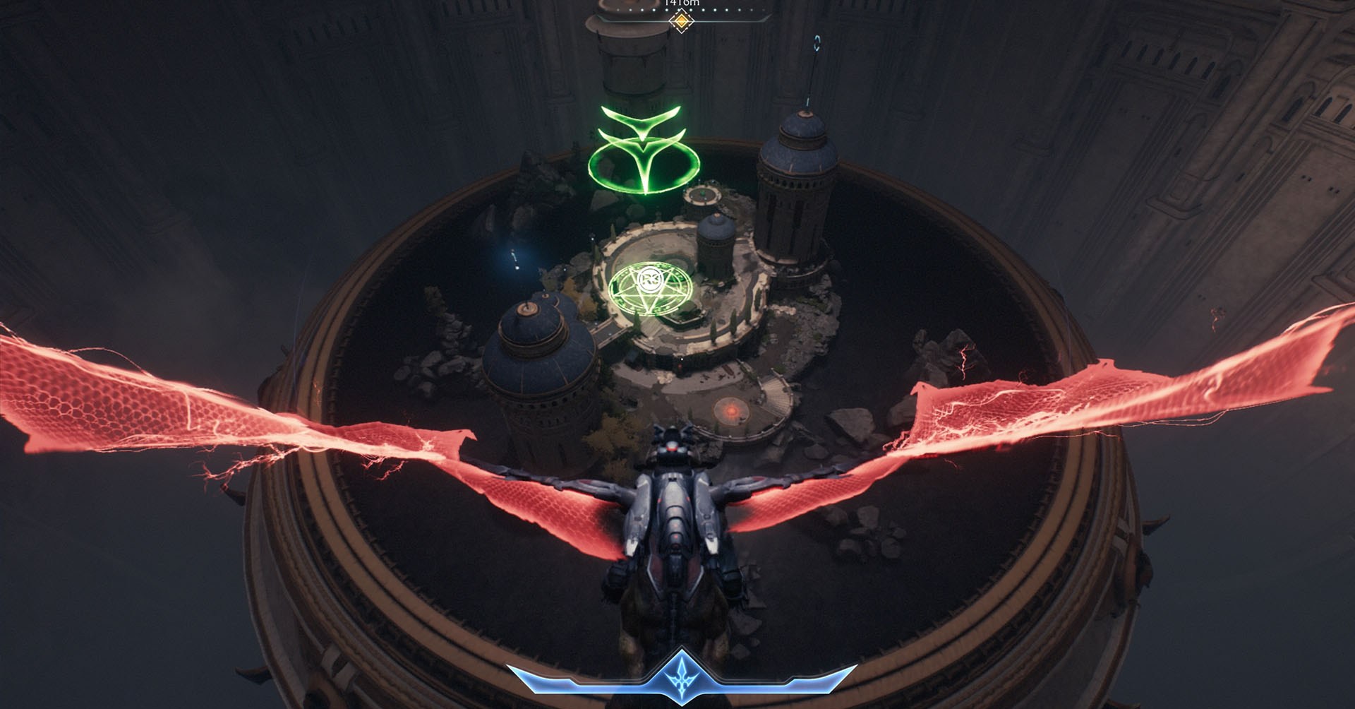 Você vê o assassino do Doom em Doom: a idade das trevas montando um cibernético e voando em direção a uma área circular. Há uma flecha verde mostrando onde está o local de pouso.