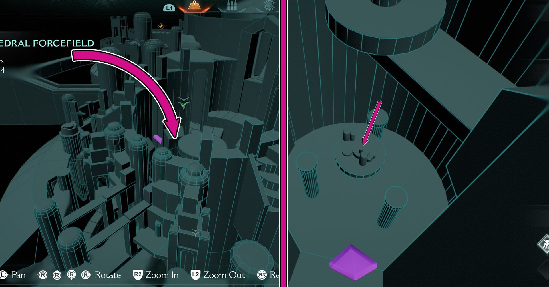 Uma montagem com duas imagens mostrando a localização do segundo ponto de pouso secreto em Doom: o capítulo 5 da Idade das Trevas. No lado esquerdo, uma seta rosa indica que é preciso ir para a parte mais baixa do mapa. No lado direito da imagem, vemos a representação 3D de uma área circular e três pilares ao seu redor.