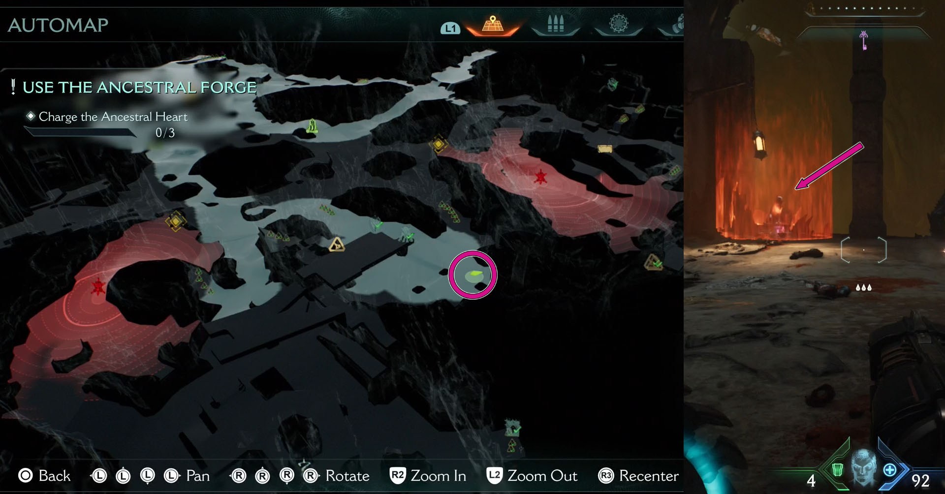 A imagem mostra parte de Doom: The Dark Age Capítulo 9 Map mostrando a localização da terceira estátua de lobo. Está no lado direito do mapa. Você também pode ver uma estátua de um lobo cercado por campo de energia.