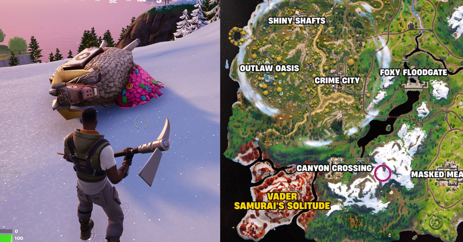 Uma montagem com duas capturas de tela Fortnite. No lado direito, você vê um mapa apontando para a região de Crossing do Canyon, onde encontrará um esconderijo. No lado esquerdo, um personagem de frente para uma piñata.