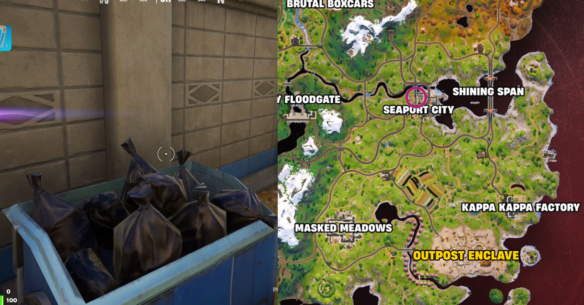 Uma montagem de duas capturas de tela Fortnite mostrando um mapa no lado direito e uma lixeira, que é um esconderijo, no lado esquerdo.