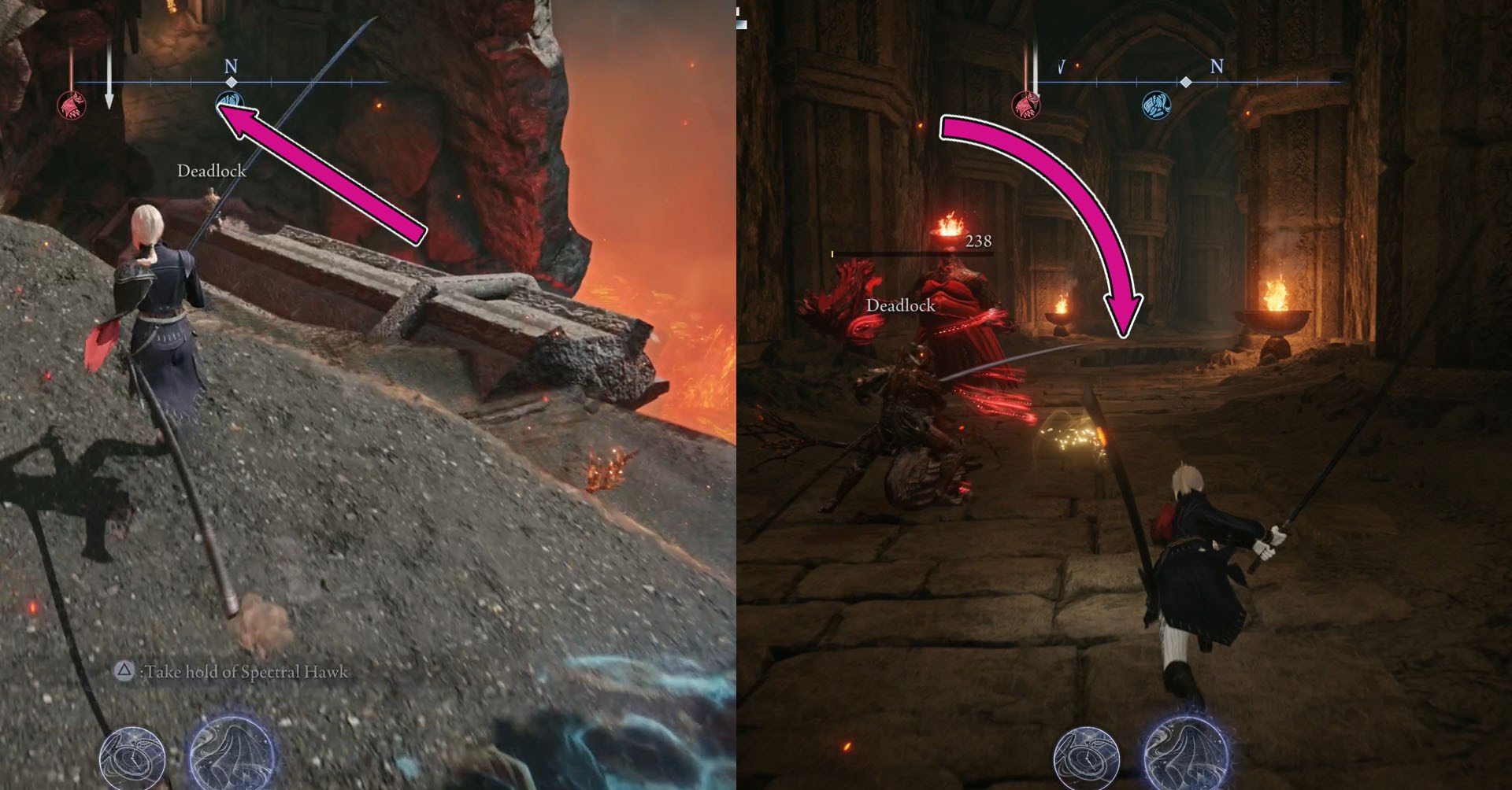 Uma montagem usando duas capturas de tela de Elden Ring Nightreign mostrando o primeiro segmento do caminho que leva à mesa especial de Smithing. 