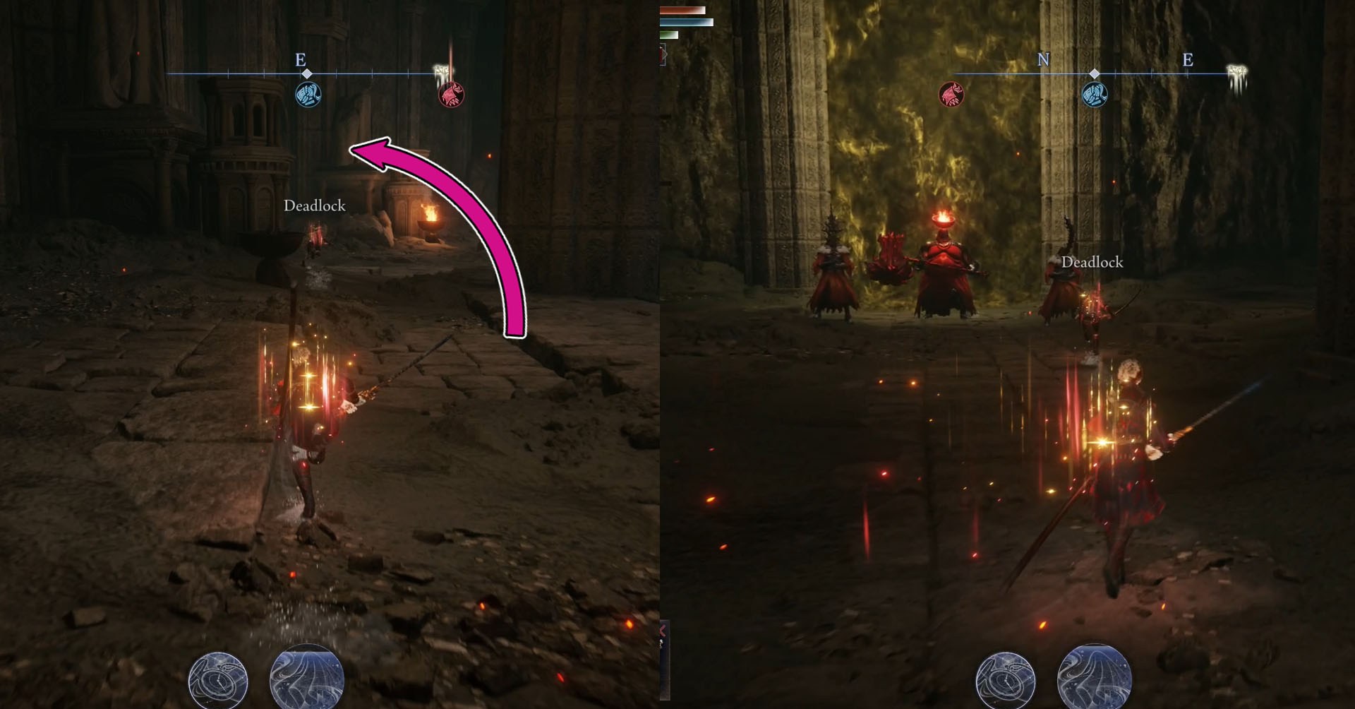 Uma montagem usando duas capturas de tela de Elden Ring Nightreign. No lado esquerdo, você vê um corredor e uma seta rosa, indicando que você deve virar à esquerda. No lado direito da imagem, você vê três inimigos em frente a uma porta bloqueada.