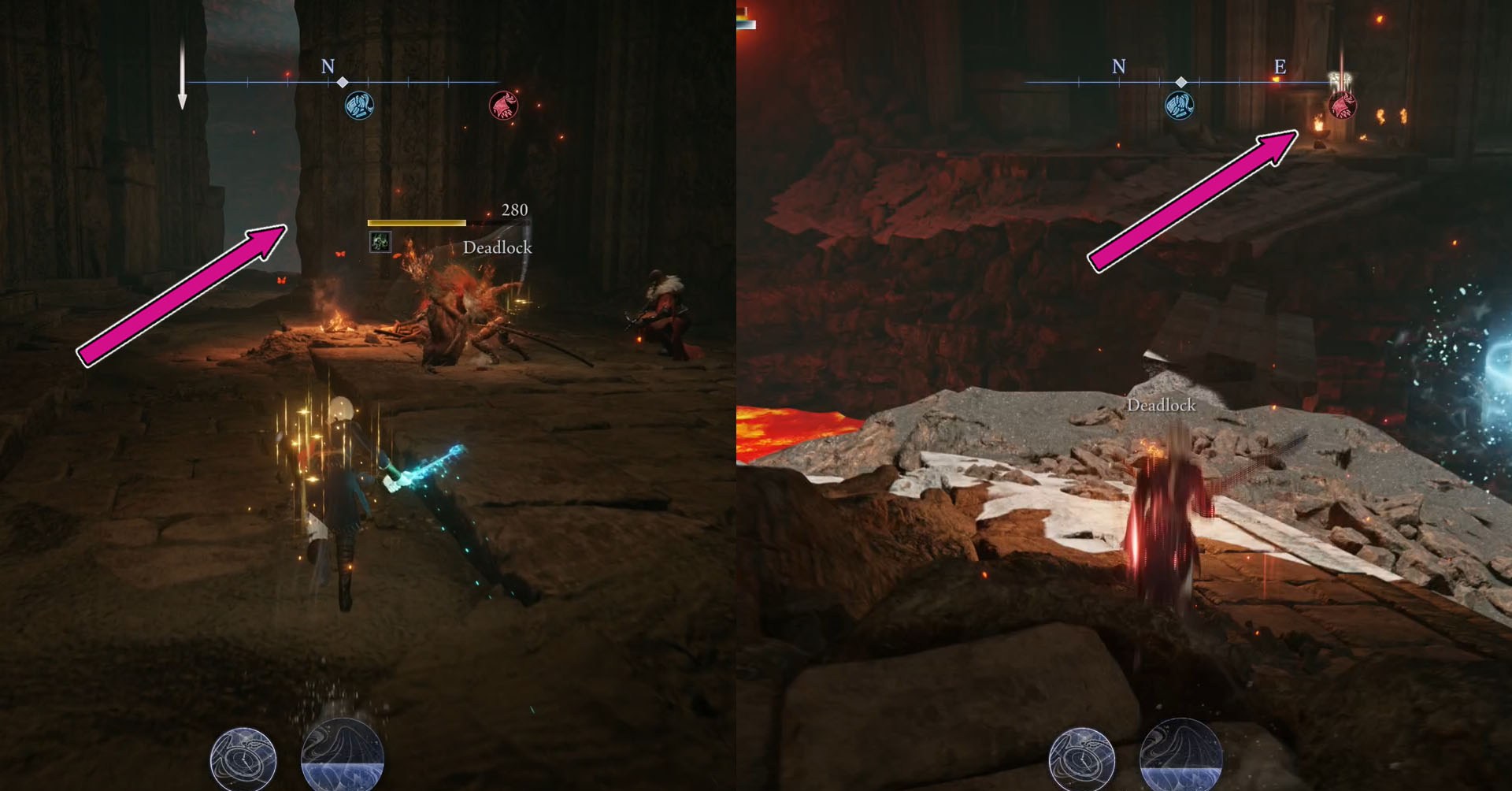 Uma montagem usando duas capturas de tela de Elden Ring Nightreign mostrando no lado esquerdo um corredor e, no lado direito, uma entrada para onde os jogadores devem ir.