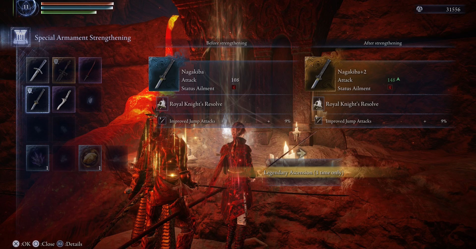 Uma captura de tela de Elden Ring Nightreign mostrando o menu de fortalecimento especial de armamento
