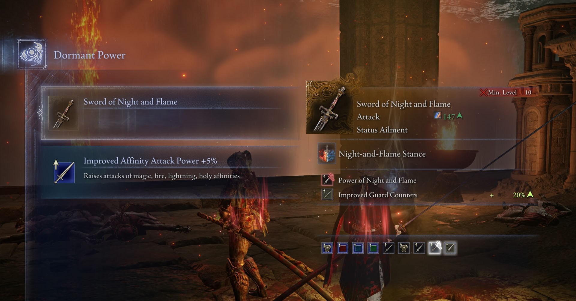 Uma captura de tela de Elden Ring Nightreign mostrando a descrição da lendária espada de arma da noite e chama.