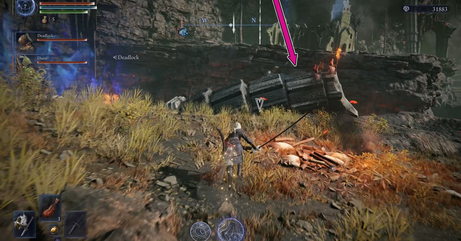 Uma captura de tela de Elden Ring Nightreign mostrando o personagem duquesa caminhando em direção a um grupo de inimigos.