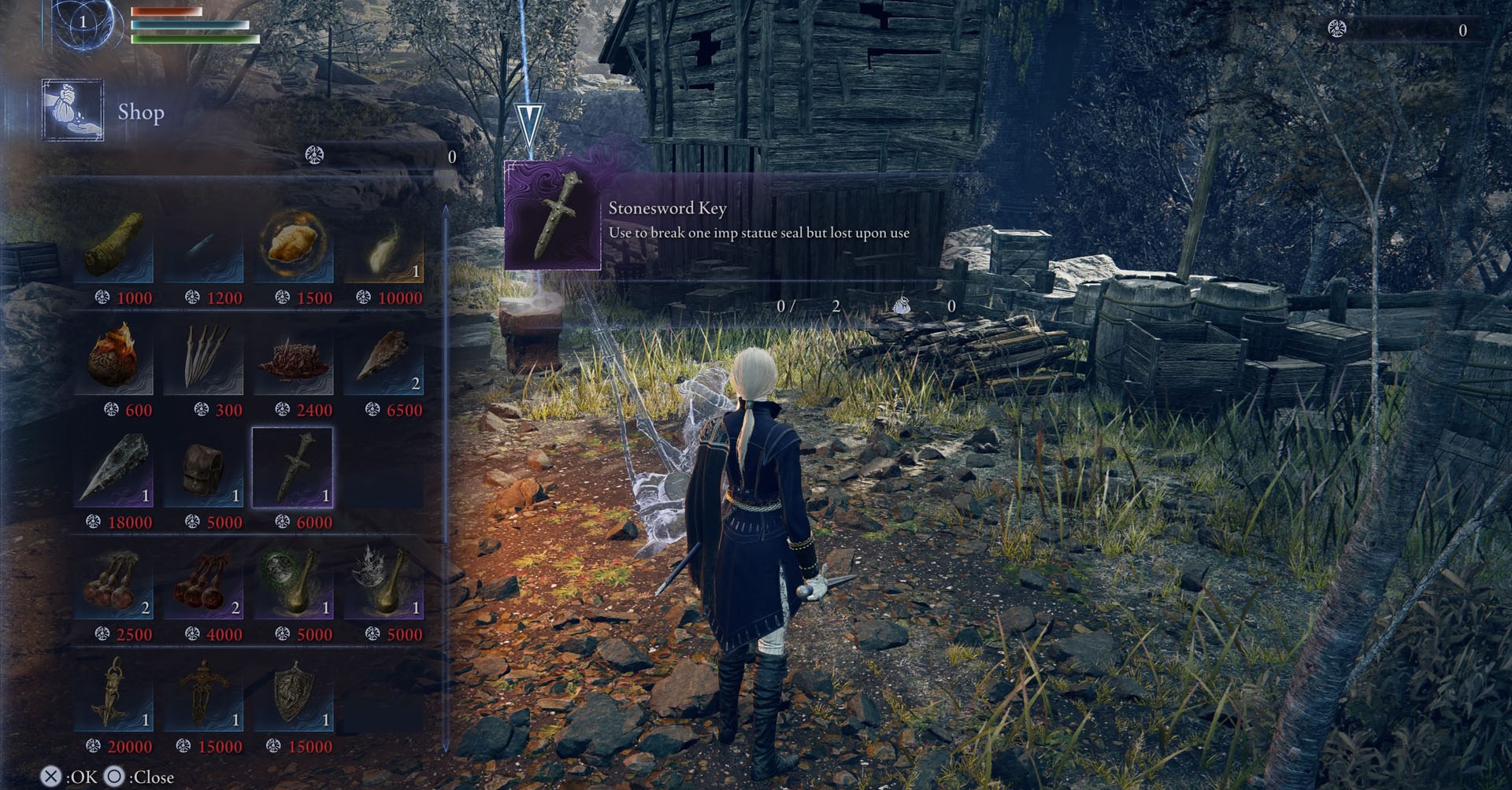 Uma captura de tela de Elden Ring Nightreign mostrando os itens que um comerciante está vendendo e o preço de uma chave de stonesword