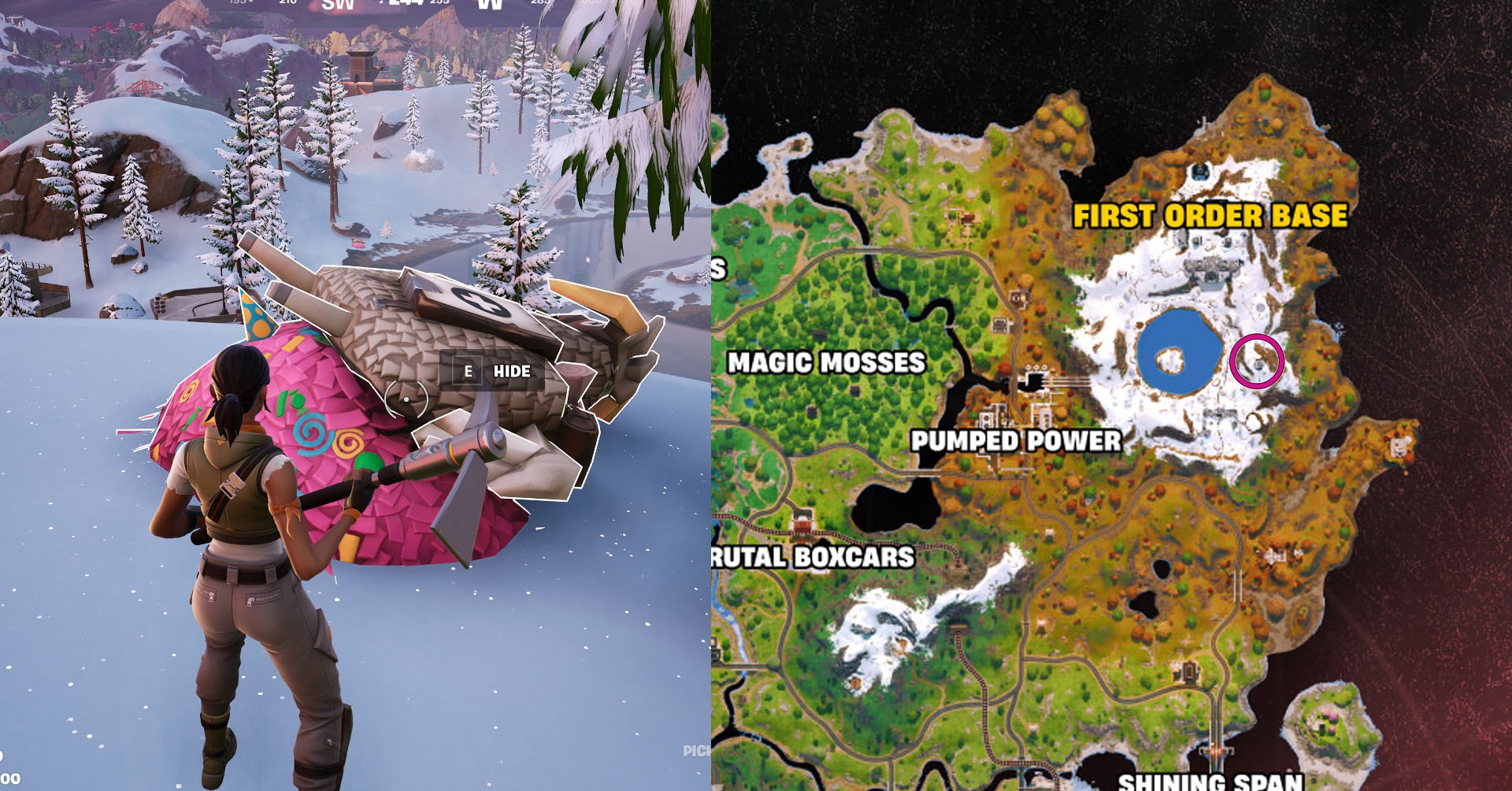 Uma montagem de duas capturas de tela Fortnite mostrando um mapa no lado direito e um personagem voltado para uma piñata no lado esquerdo.