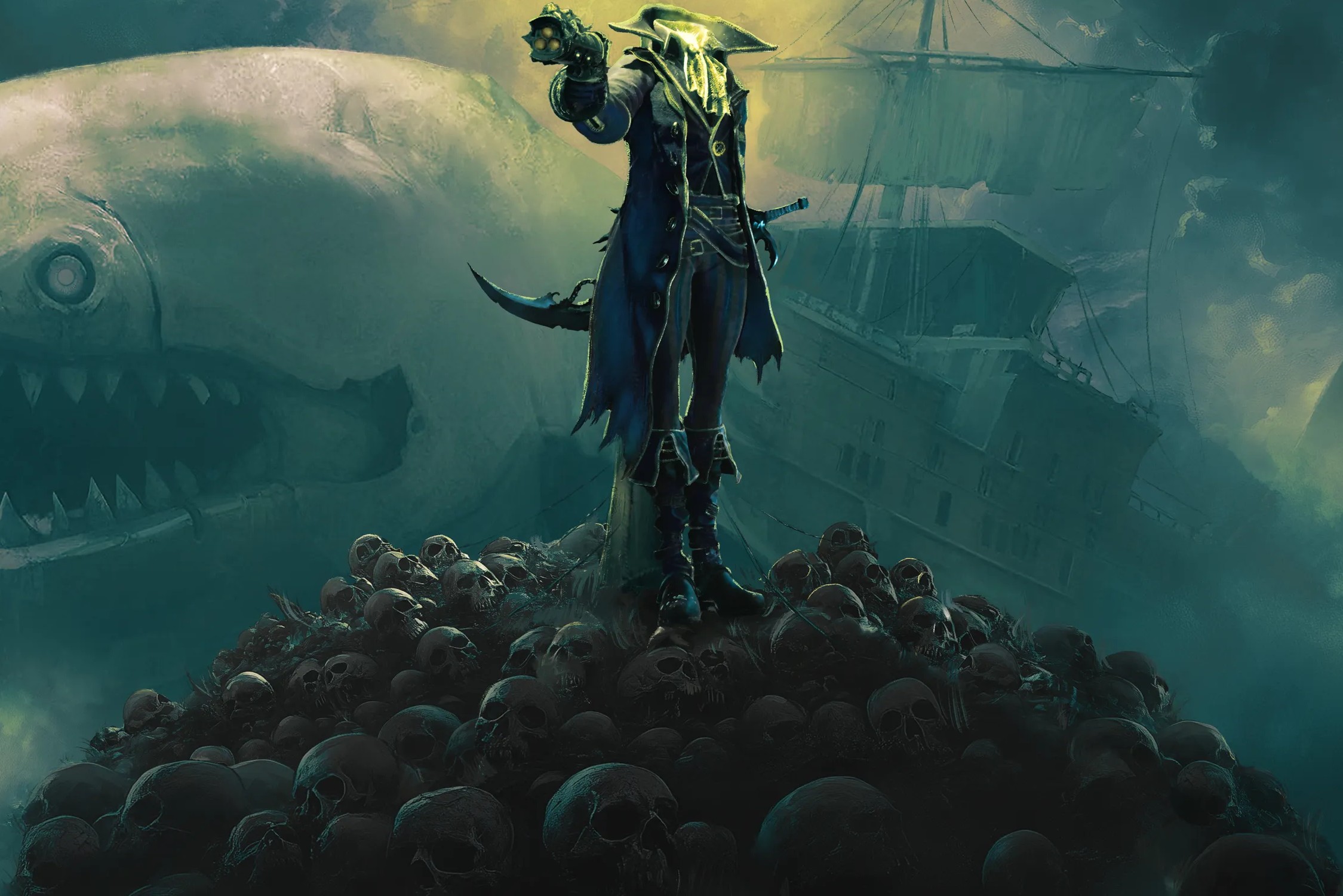 Um cadáver pirata sem cabeça fica no topo de um monte de caveiras e mira uma pistola em arte para Davy x Jones
