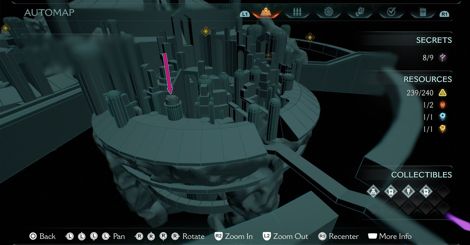 A imagem mostra uma representação da cidade sagrada de Aratum em 3D. É um mapa e uma seta rosa marca uma torre no lado esquerdo, onde está localizado o primeiro ponto de pouso secreto.