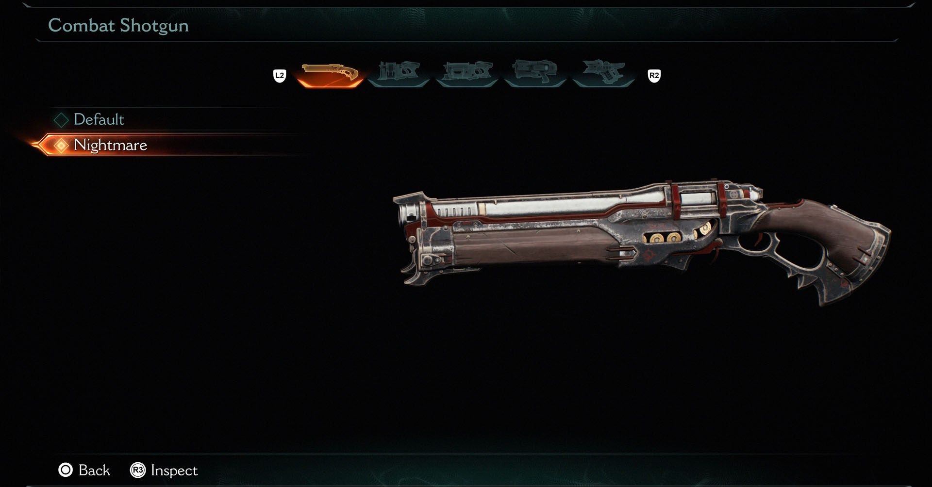 A skin Pesadelo para a Espingarda de Combate, que tem alguns detalhes em vermelho e marrom em Doom: The Dark Ages