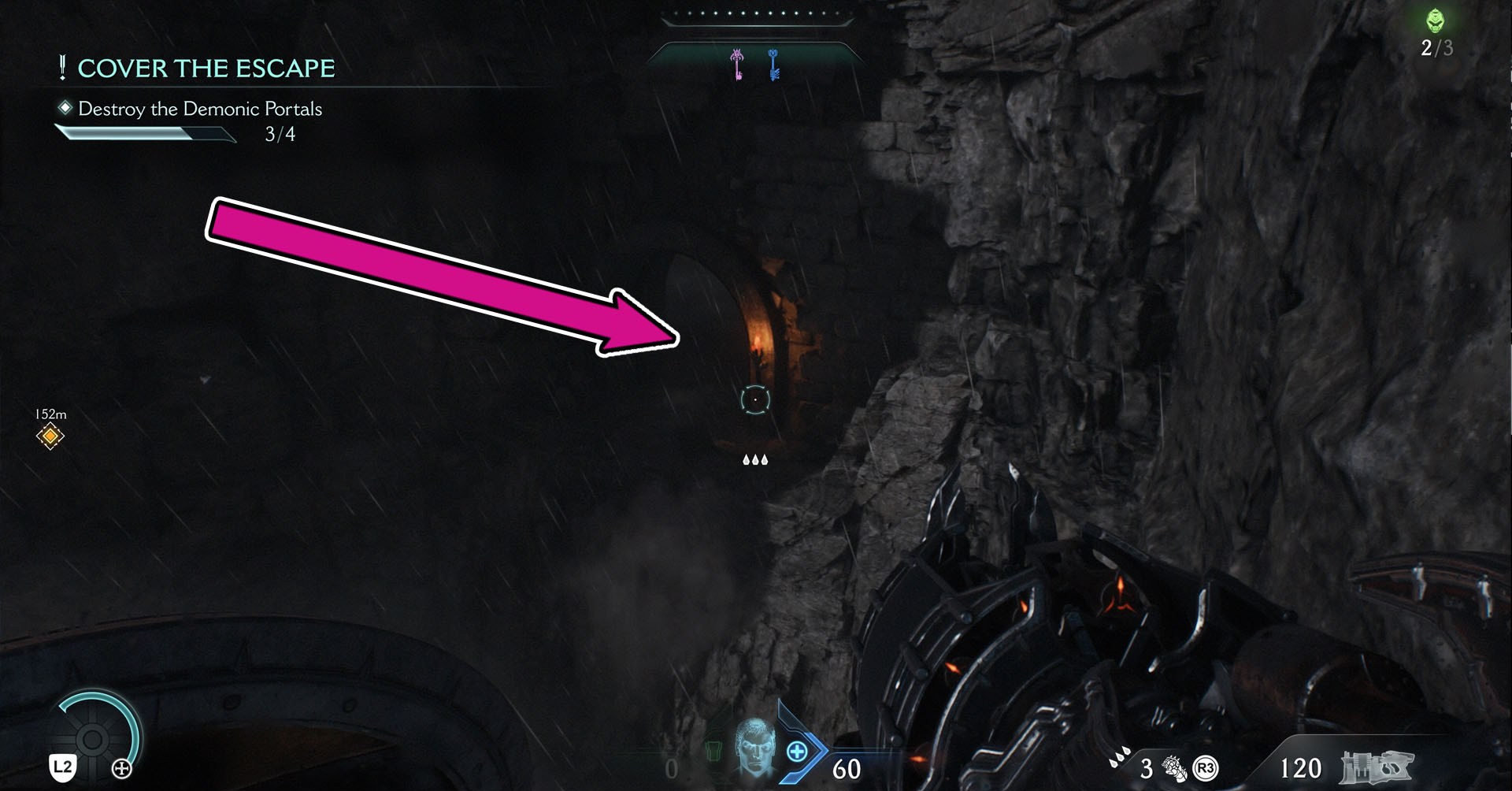 Uma imagem mostrando uma entrada em um penhasco. Dentro, você encontra a skin Combat Shotgun Nightmare em Doom: The Dark Ages.