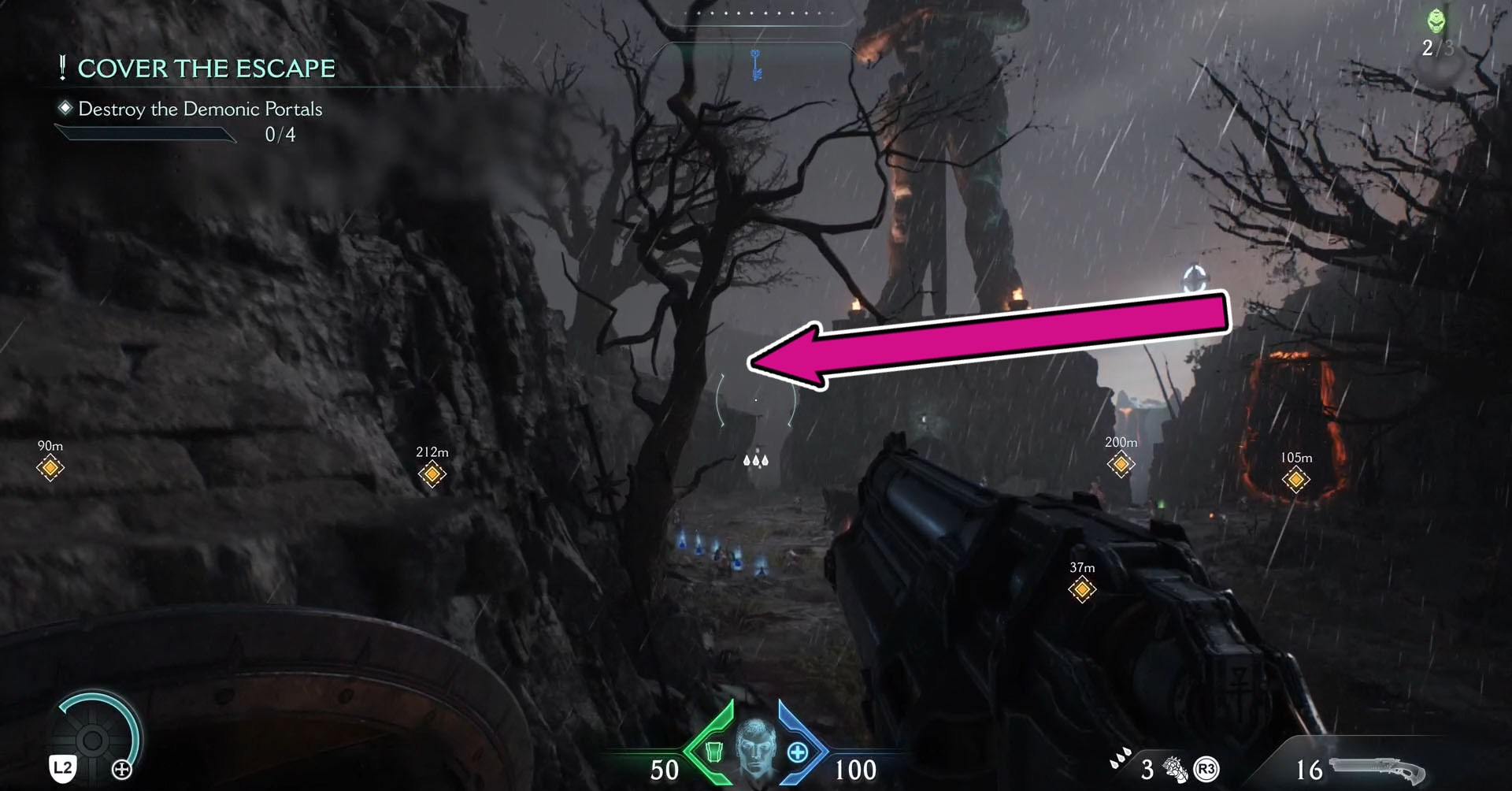 Há uma estátua gigante segurando uma espada no meio da tela, uma seta rosa apontando para a esquerda, direção que você deve seguir para encontrar a skin Combat Shotgun Nightmare em Doom: The Dark Ages.