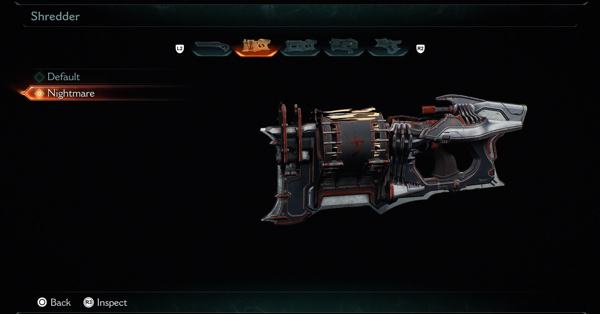 A skin Shredder Nightmare em Doom: The Dark Ages. Esta é uma arma semelhante a uma metralhadora, com detalhes e símbolos em vermelho. A maioria das peças é pintada em cinza escuro e cinza claro.