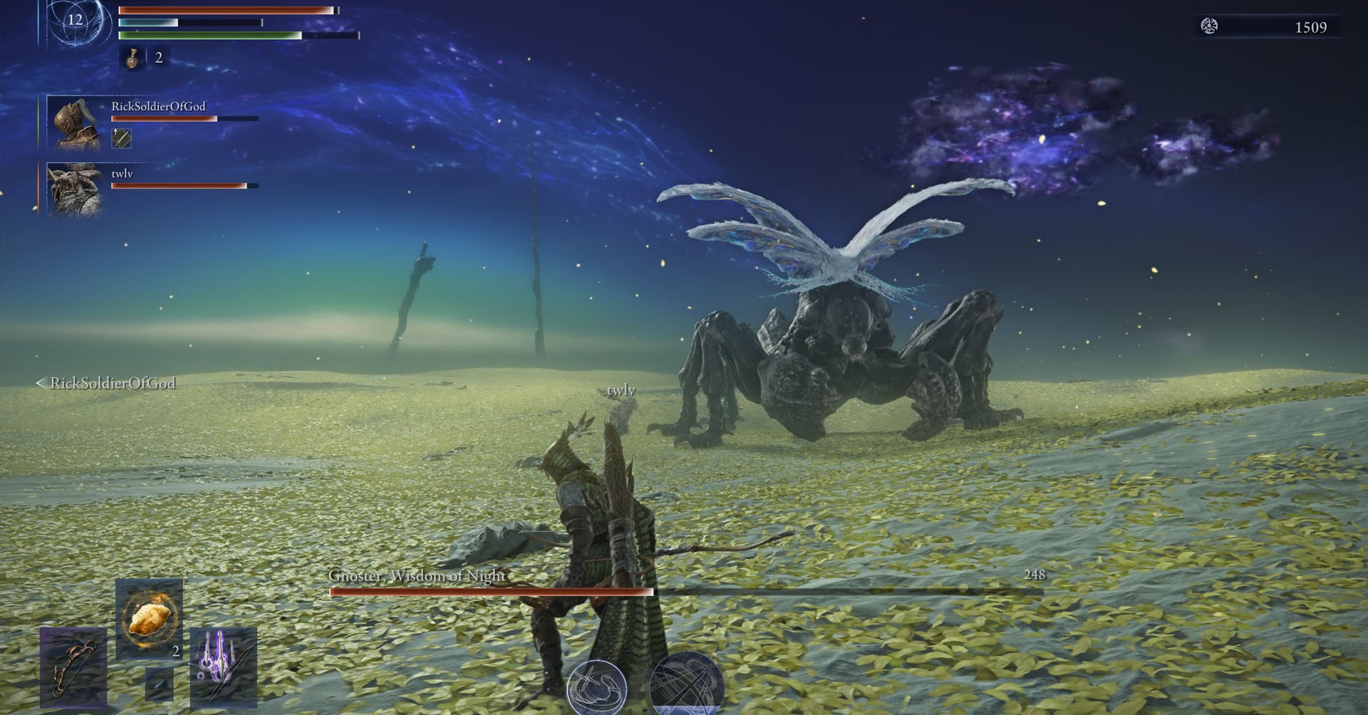 Uma captura de tela de Elden Ring Nightreign mostrando a sabedoria mais gna e sabedoria da noite noturna e o personagem de Ironeye na frente dele.