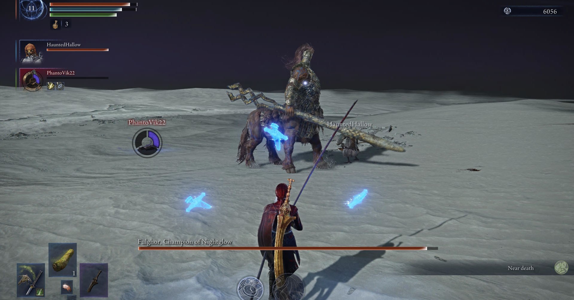 Uma captura de tela de Elden Ring Nightreign mostra Fulghor, campeã do Nightflow. Um dos chefes mais difíceis do jogo, Fulghor é um centauro de um braço que venceu uma lança grande.