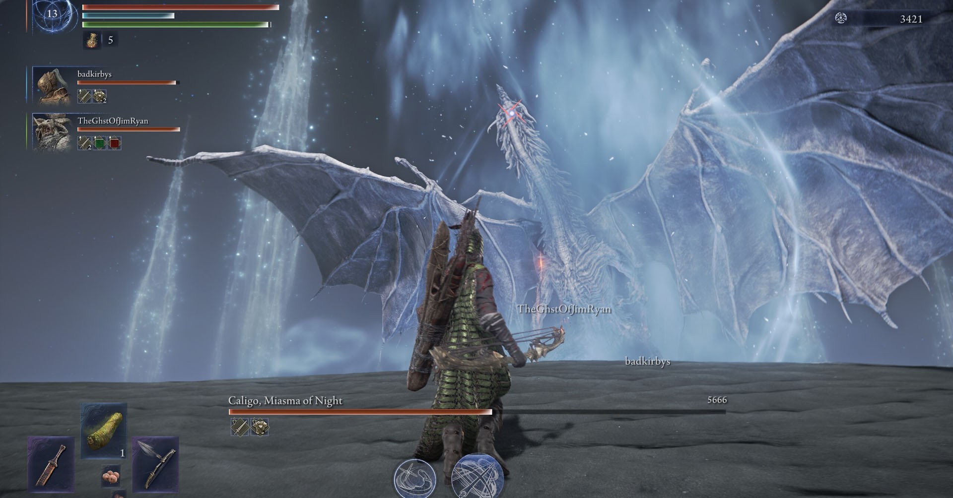 Uma captura de tela de Elden Ring Nightreign mostrando Caligo, Miasma da noite. Este chefe é um dragão gigante cercado por ventos congelantes. 