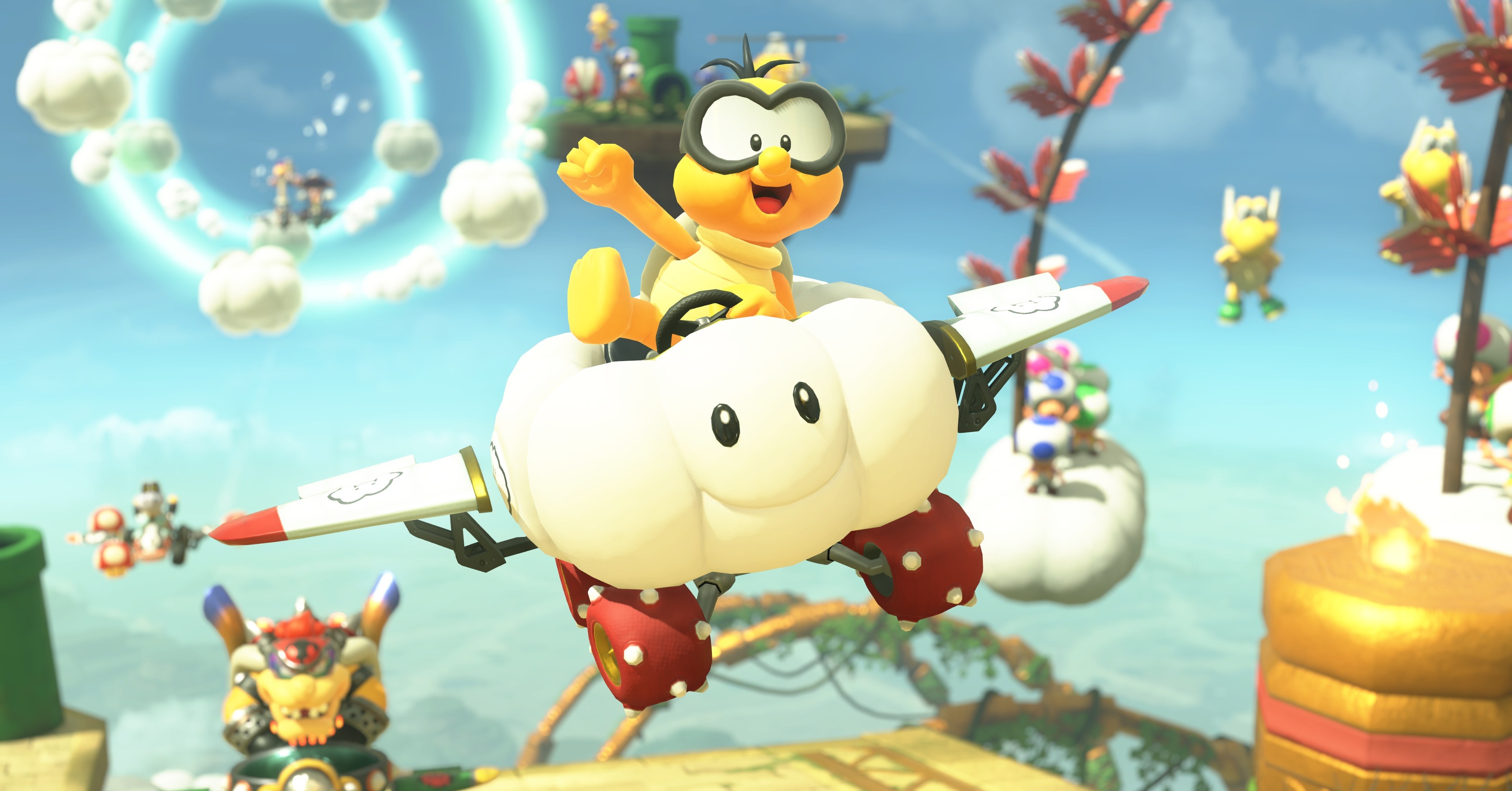 Lakitu voando em sua nuvem em forma de kart alada em Mario Kart World