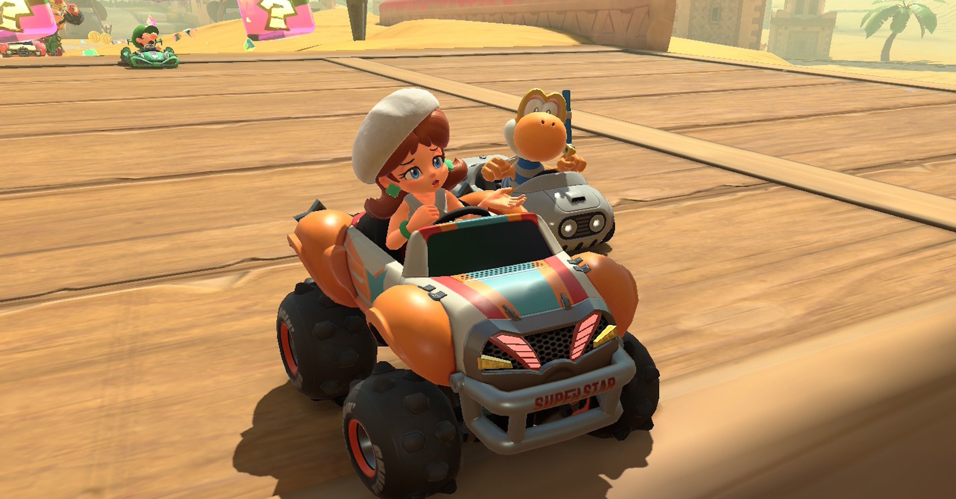 Daisy parecendo não atraente no mundo de Mario Kart