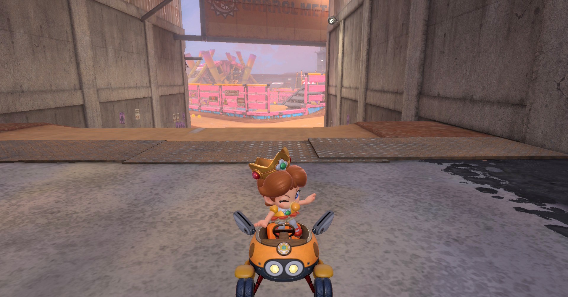 Baby Daisy fazendo um truque no biddy buggy em Mario Kart World