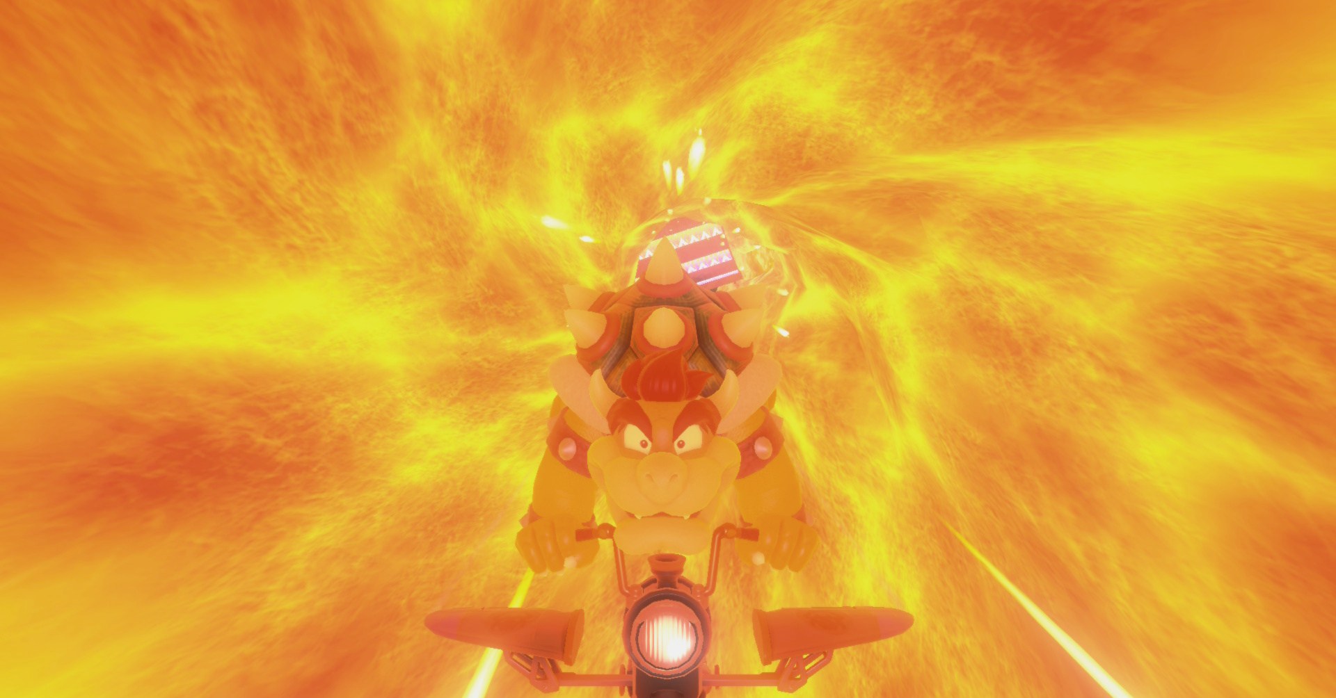 Bowser voando através de um túnel de lava e parecendo bastante assustado com isso em Mario Kart World
