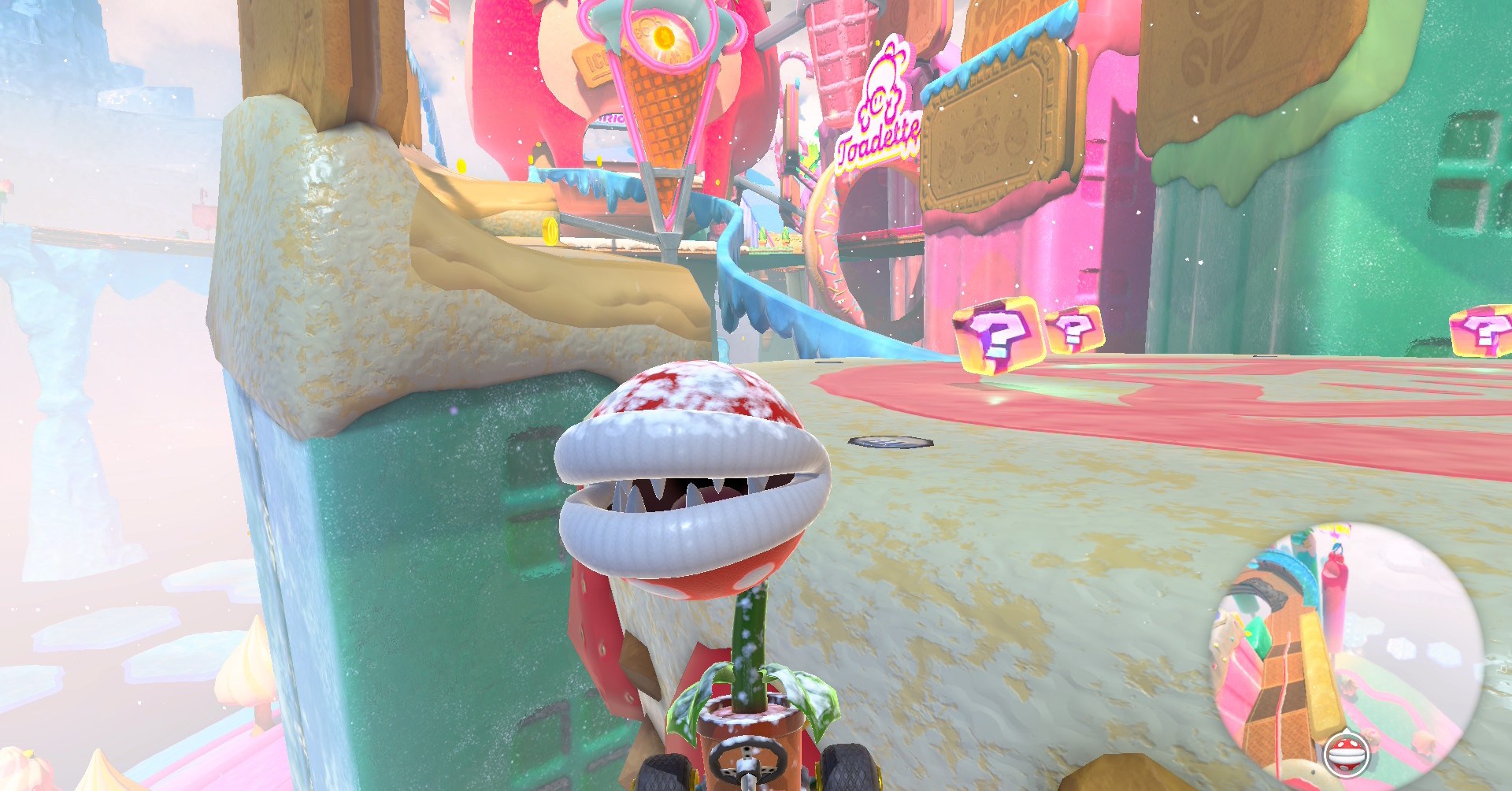 Uma fábrica de piranha coberta de neve em Mario Kart World