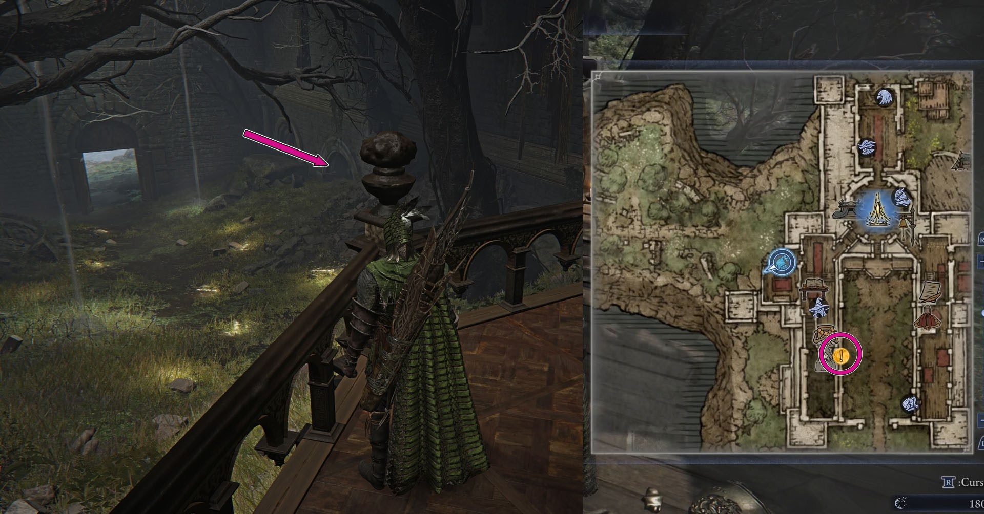 Uma montagem usando duas capturas de tela de Elden Ring Nightreign mostrando o local onde a sacerdotisa é quando você inicia a busca de lembrança de Ironeye.