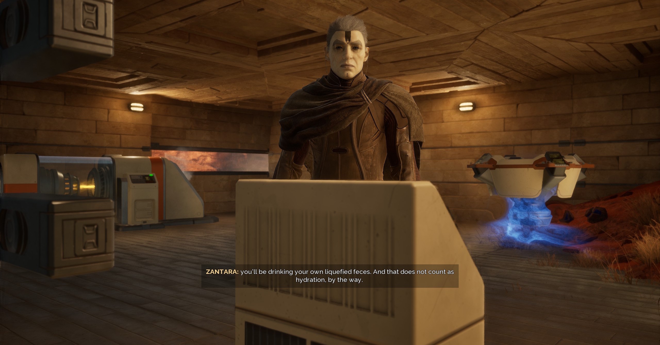 Zantara, guia de Dune Awakening, dizendo ao jogador: “Você 'estará bebendo suas próprias fezes liquificadas. E isso não conta como hidratação, a propósito”