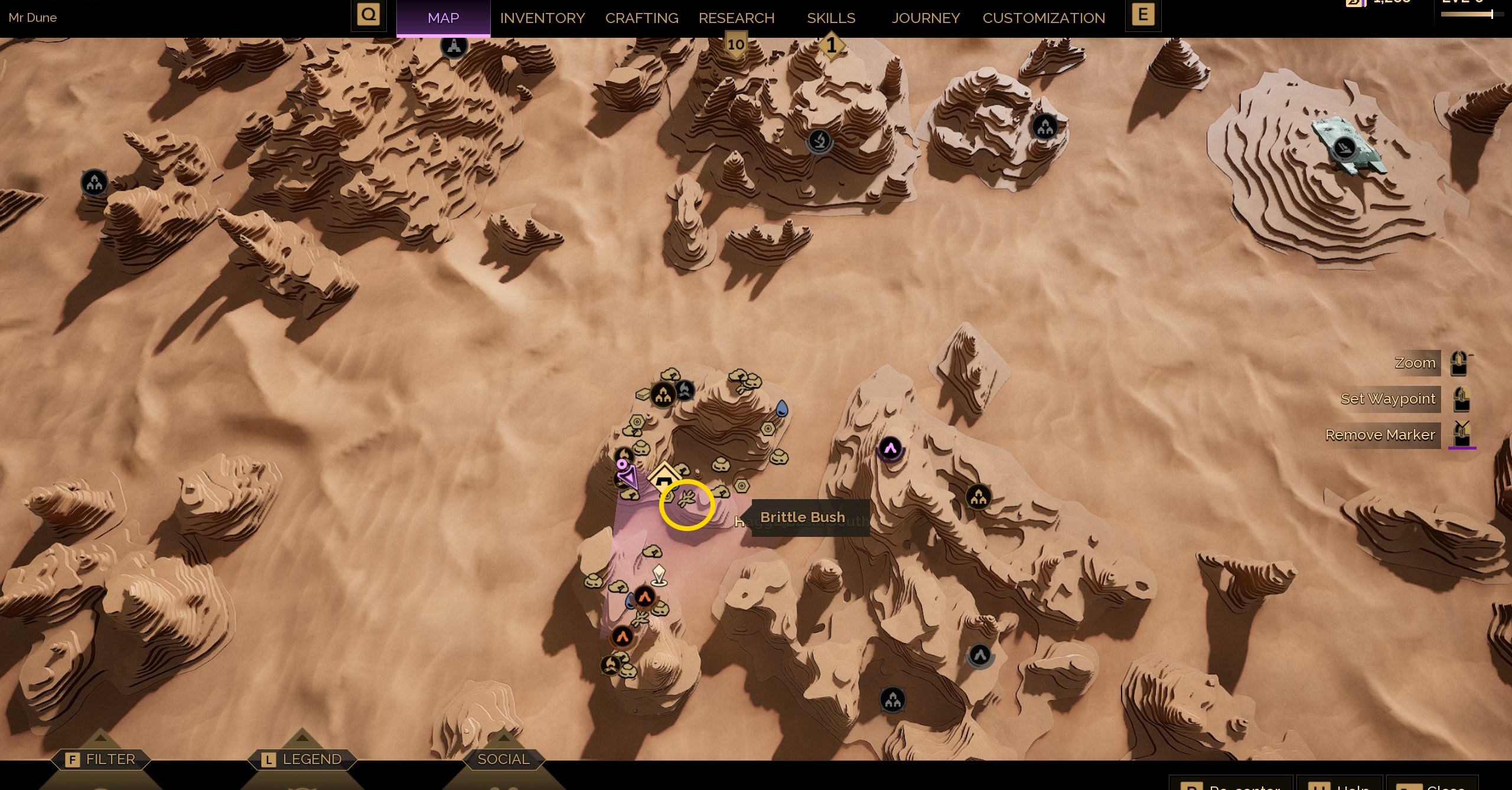 Uma imagem do mapa da bacia de Hagga em Dune Awakening, destacando ícones de recursos de fibra vegetal 