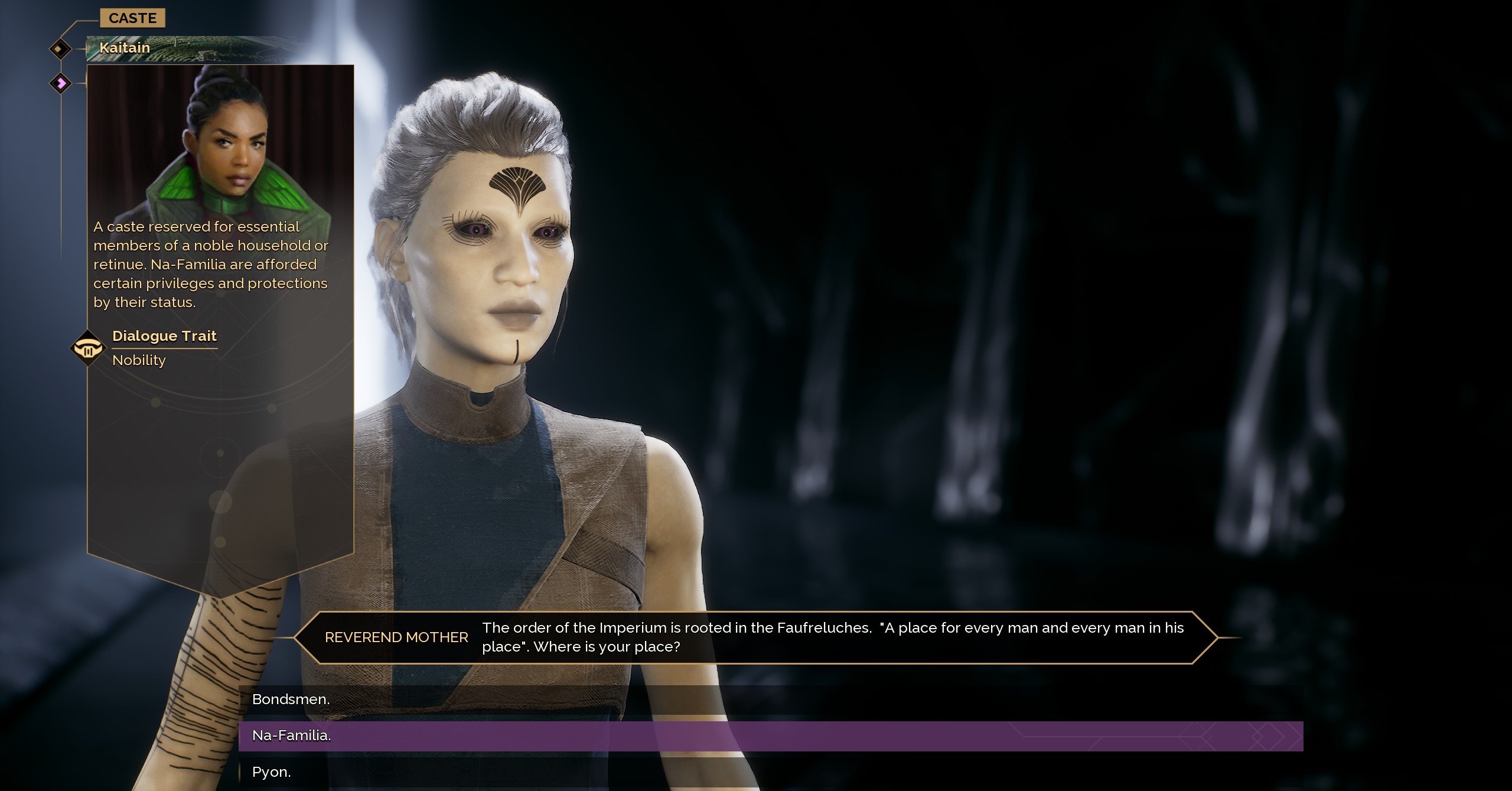 Um personagem de jogador em Dune Awakening, escolhendo a casta nobre na-família como seu fundo