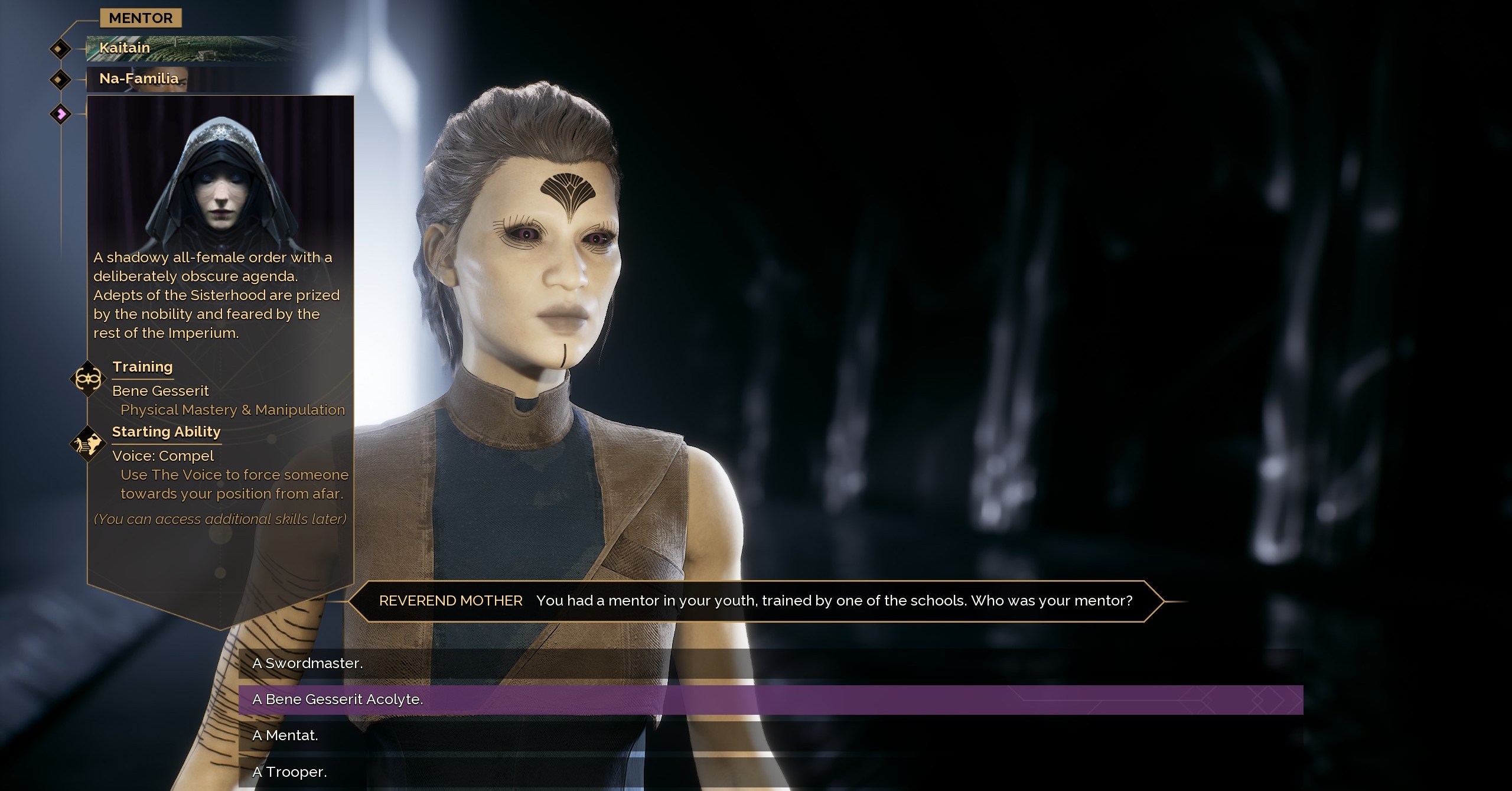 Um personagem em Dune Awakening escolhendo seu mentor de classe inicial