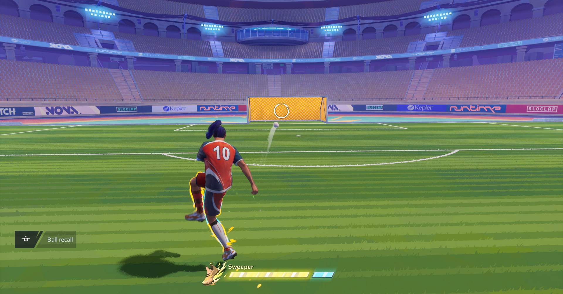 Uma captura de tela revanche mostrando um personagem disparando uma bola curva.