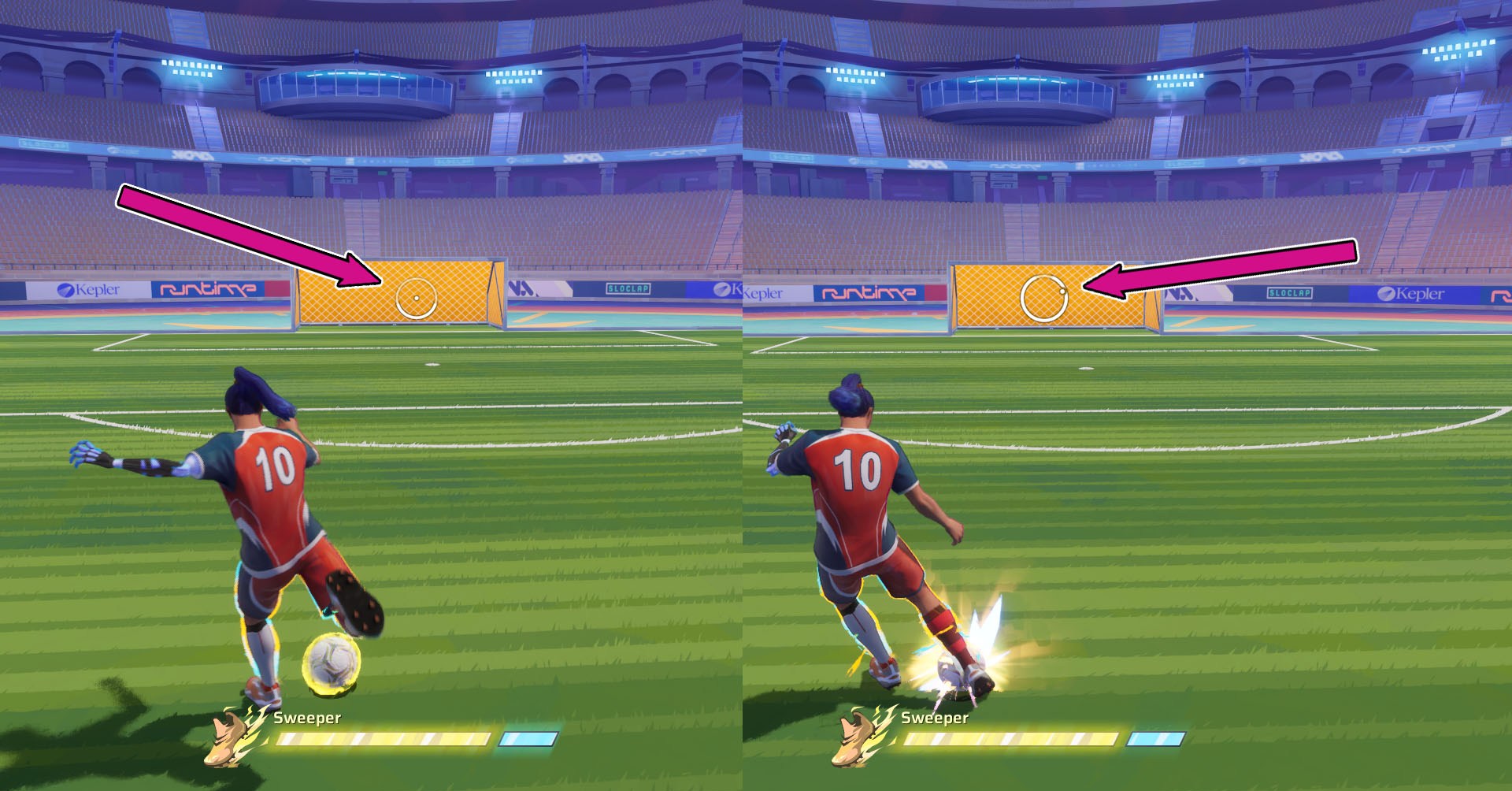 Uma montagem usando duas capturas de tela revanche para explicar como ler a interface do jogo e saber o quão forte é uma sessão e o ângulo que a bola vai seguir.