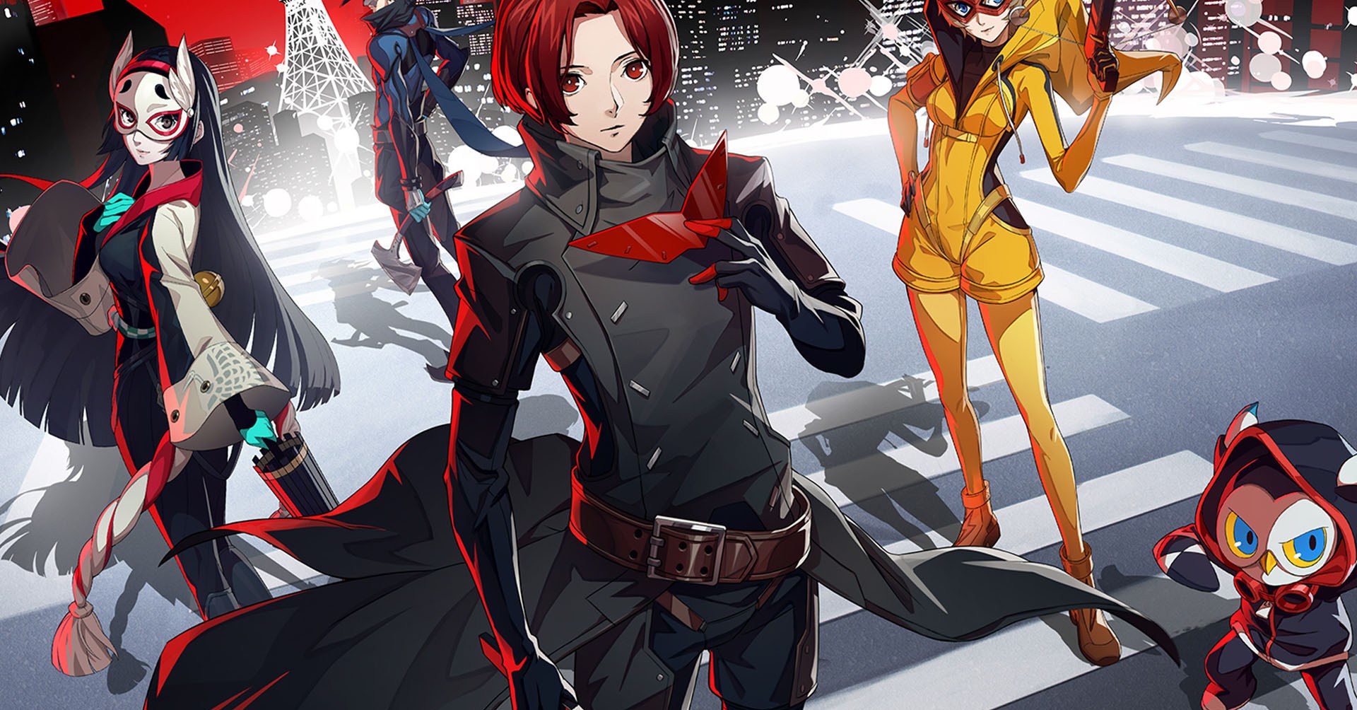 Uma Persona Oficial 5: A imagem Phantom X mostrando o grupo de ladrões Phantom e seu líder, maravilha no centro
