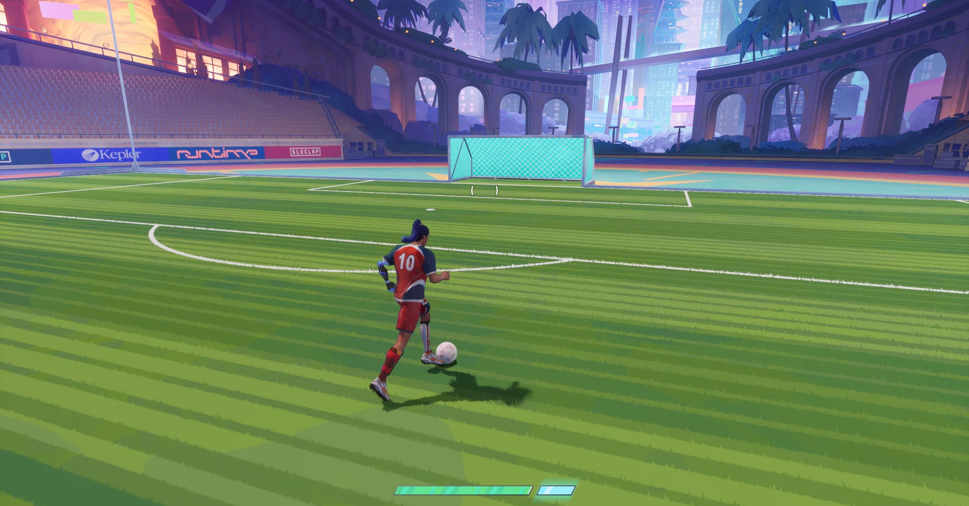 Uma captura de tela revanche mostrando um caractere no modo Freeplay se movendo em direção à meta.