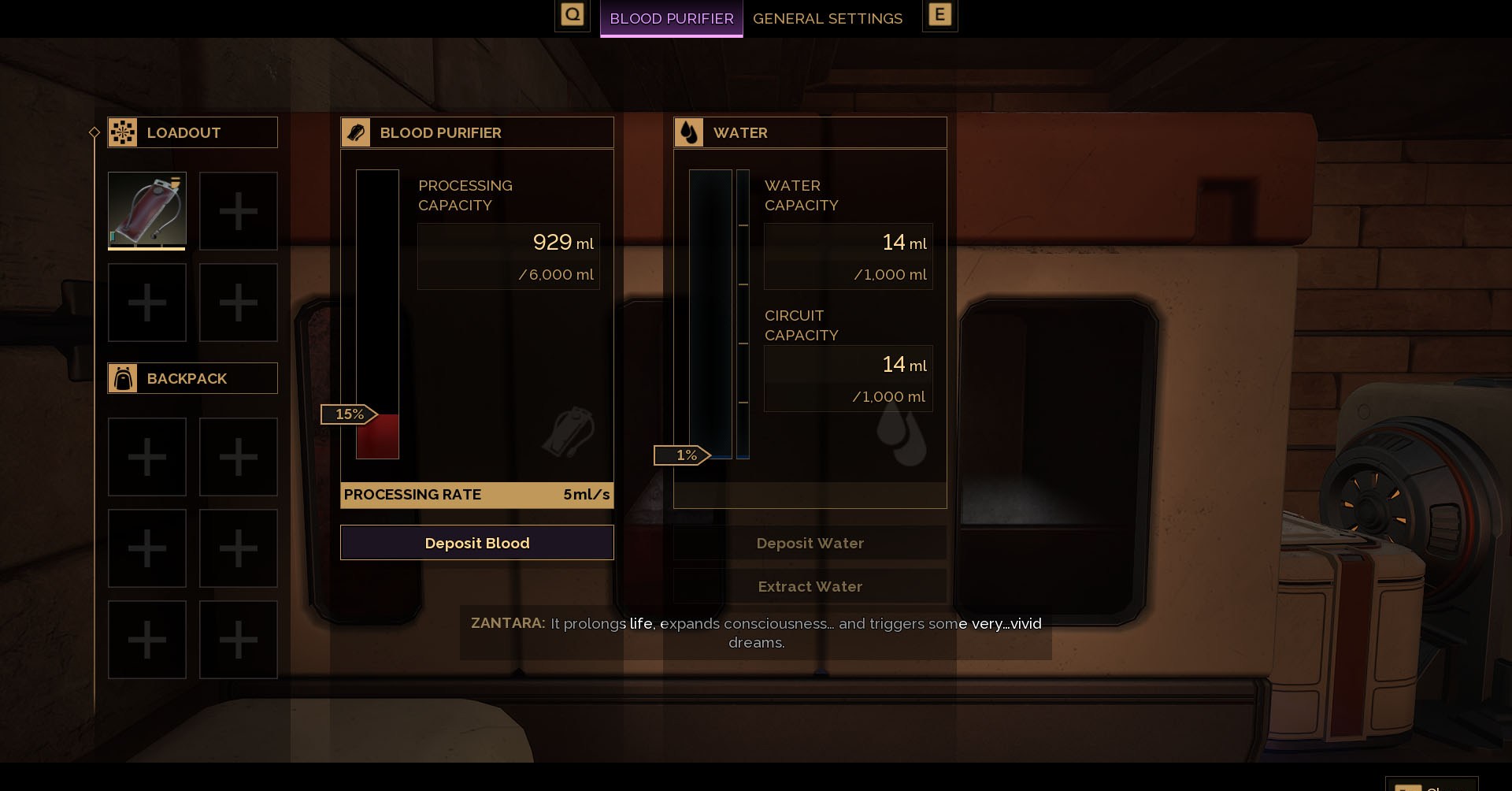 Dune: Awakening ScreenShot mostrando o painel de purificador de sangue e 929 ml de sangue sendo processado para se tornar água.