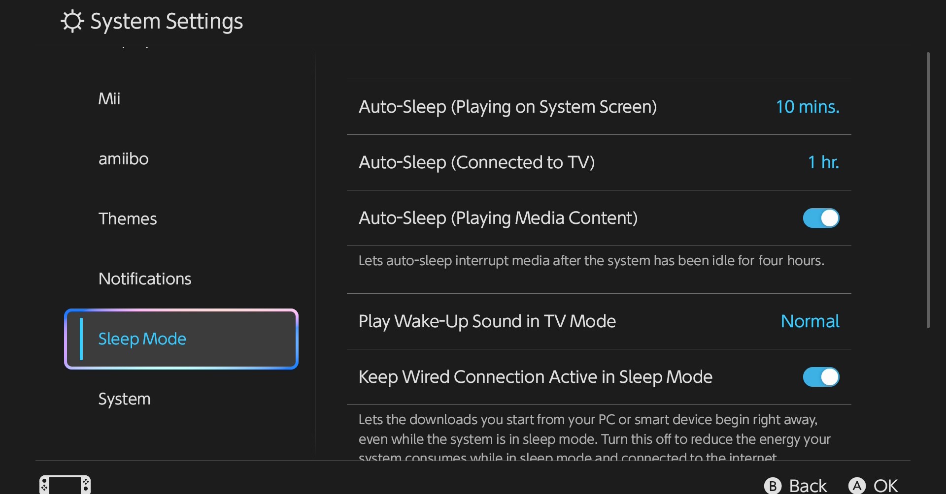 O menu de configurações do sono no interruptor 2