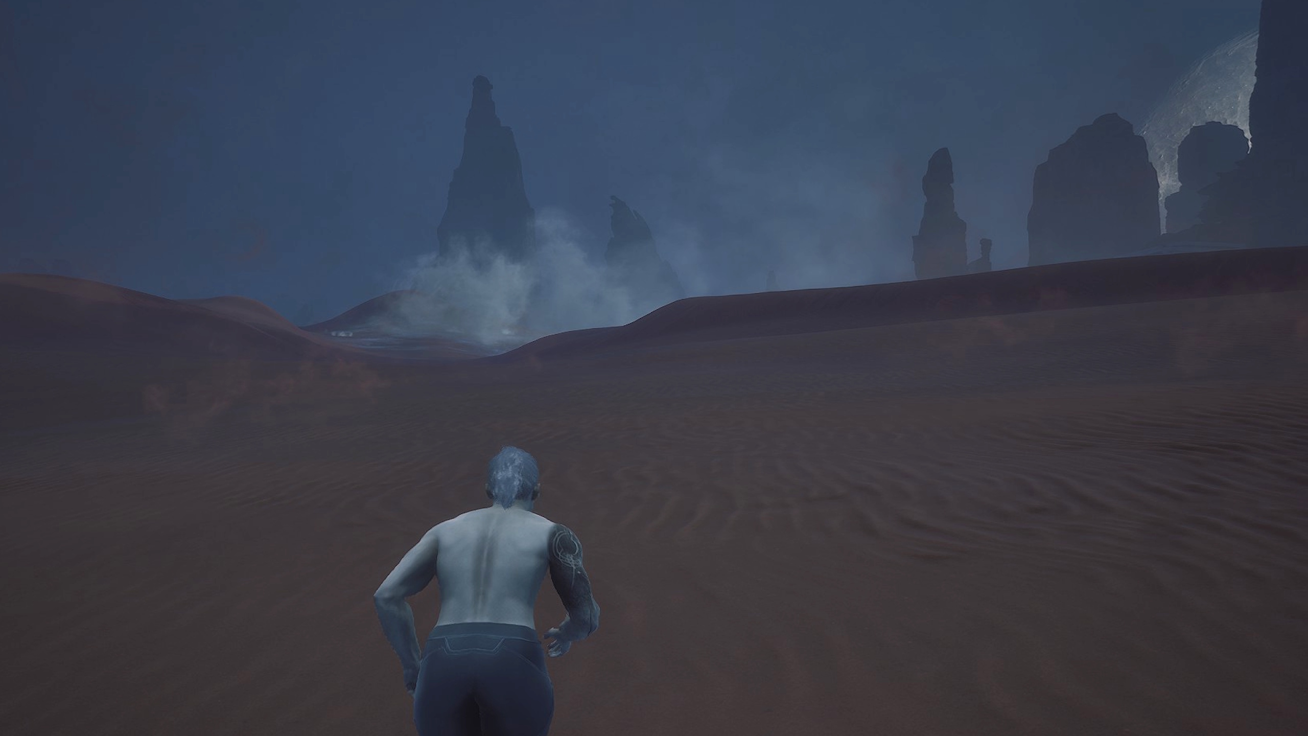 Um personagem de jogador que se aproxima de areia de farinha em Dune Awakening