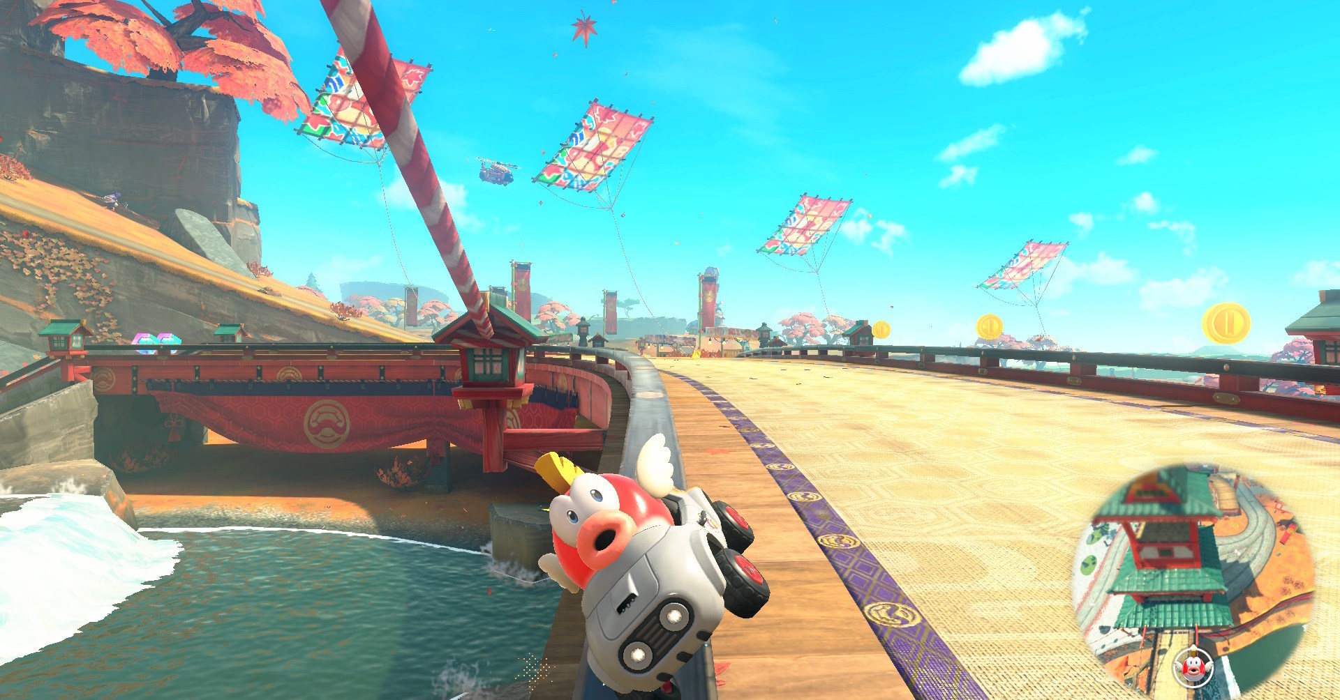Cheep Cheep montando um trilho na área de Mario Kart World Cheep Cheep Falls